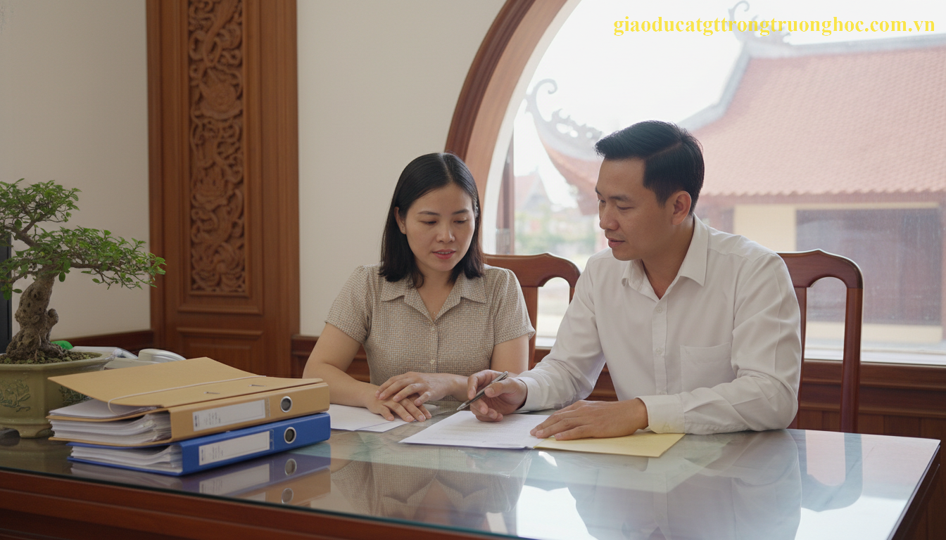 Cán bộ nhà trường tại Việt Nam đang hướng dẫn phụ huynh hoàn thiện hồ sơ chuyển trường.