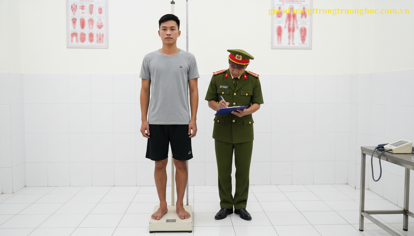 Cán bộ y tế đo chiều cao và cân nặng cho thí sinh nam tham gia sơ tuyển vào ngành công an.