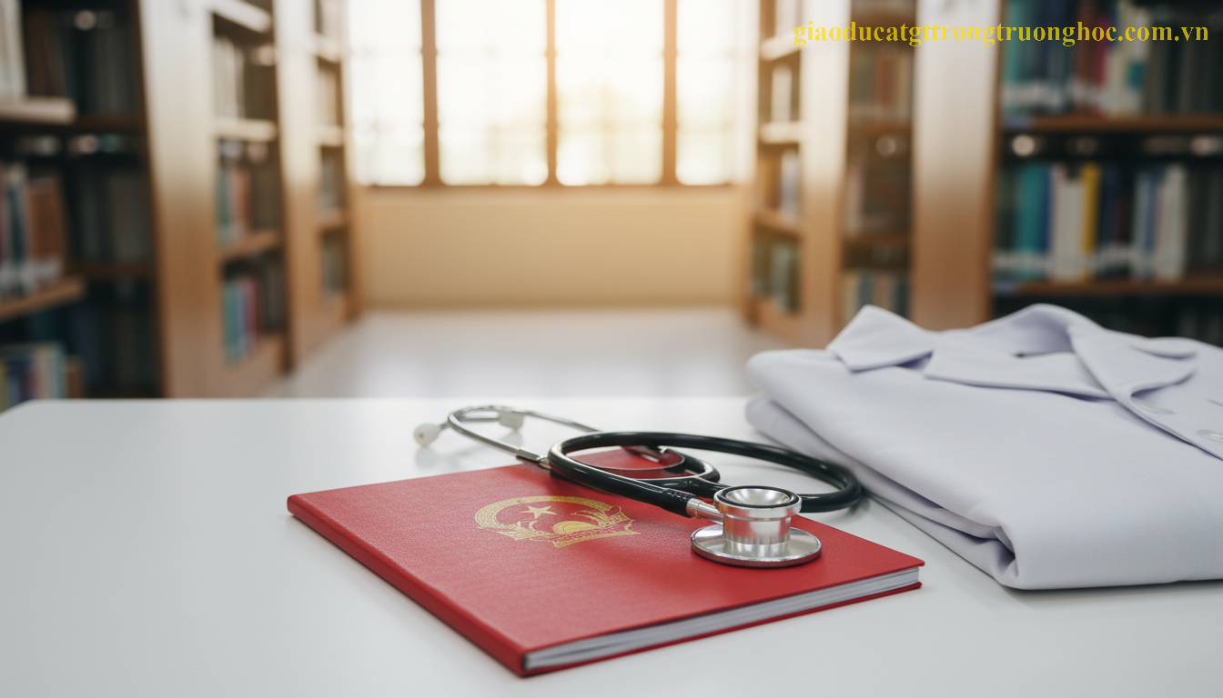 Cận cảnh học bạ học sinh Việt Nam đặt cạnh ống nghe y tế chuyên nghiệp.