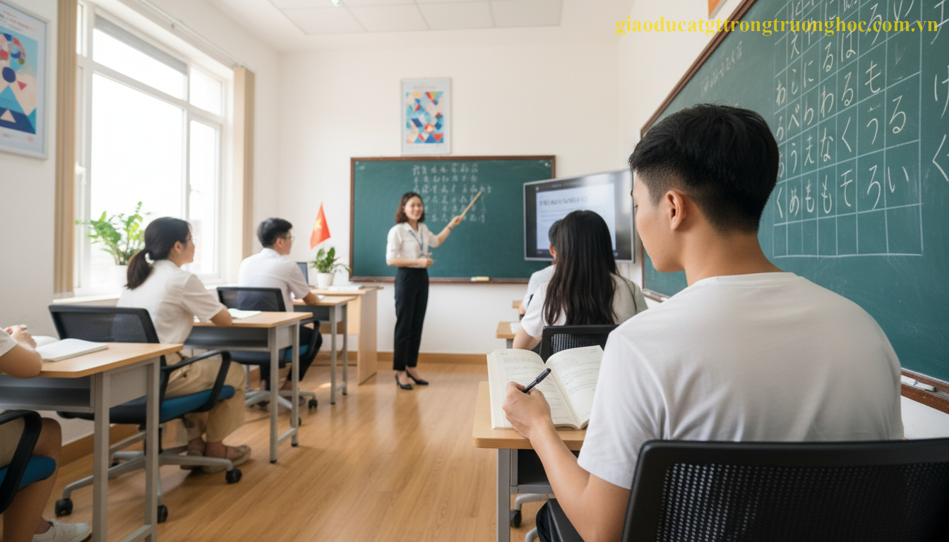 Học sinh chăm chỉ học tiếng Nhật để đạt chứng chỉ JLPT N4 cho hồ sơ du học.