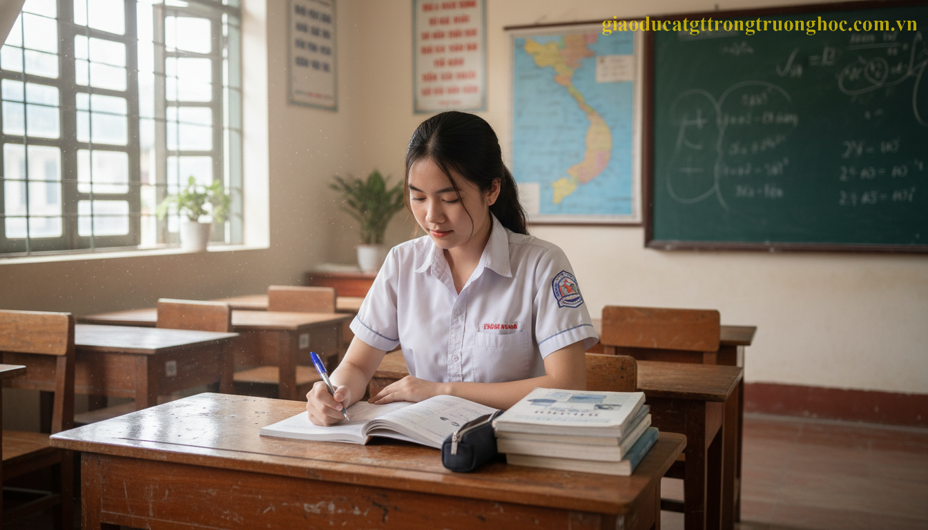 Học sinh GDTX tại Hà Nội mặc áo sơ mi trắng đồng phục lịch sự trong giờ học văn hóa.