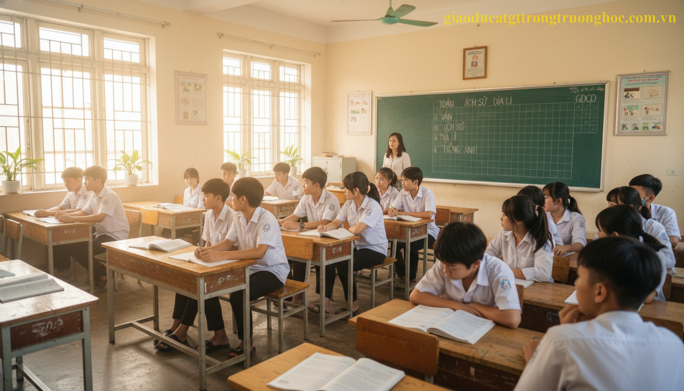 Học sinh hệ GDTX tại Việt Nam đang tham gia lớp học các môn văn hóa bắt buộc.