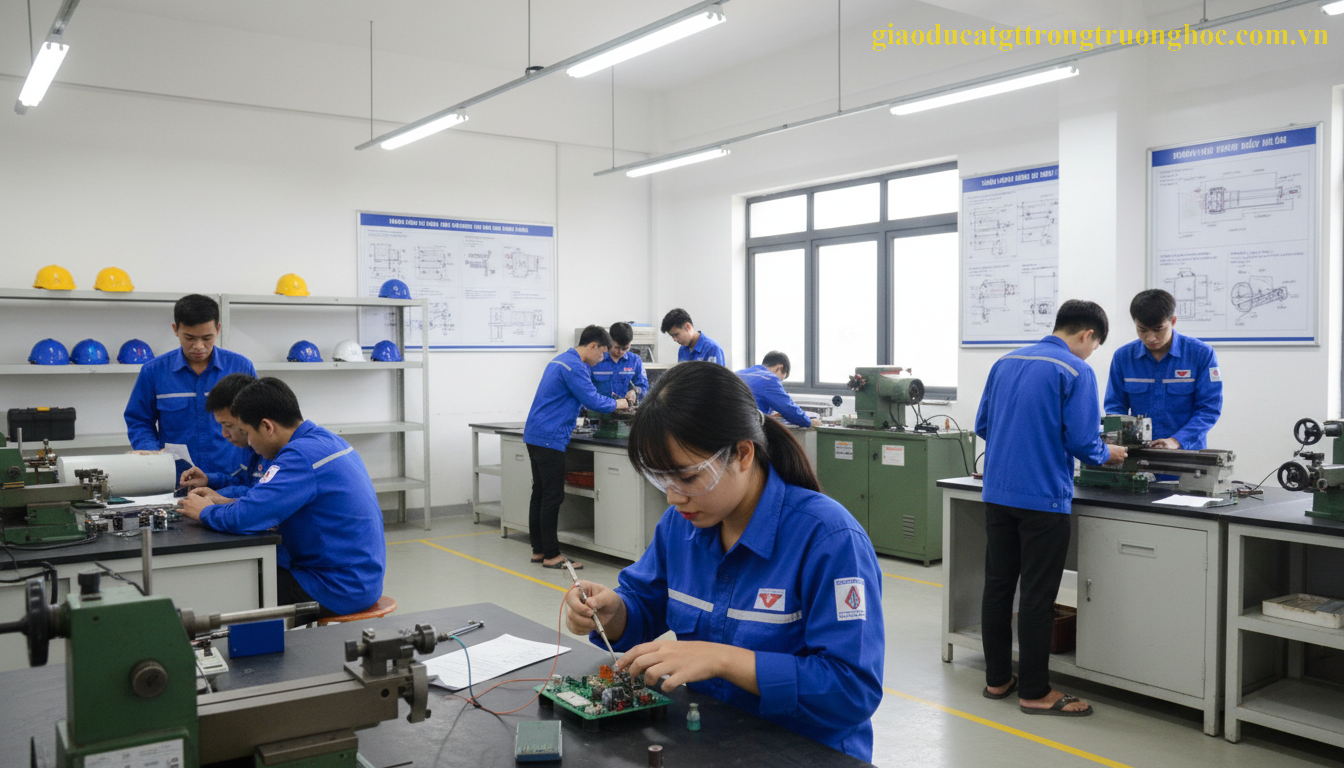 Học sinh hệ GDTX tham gia lớp đào tạo nghề cơ khí tại trường trung cấp chuyên nghiệp.