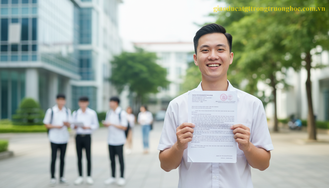 Học sinh hệ GDTX vui mừng nhận giấy báo trúng tuyển đại học qua phương thức xét học bạ.