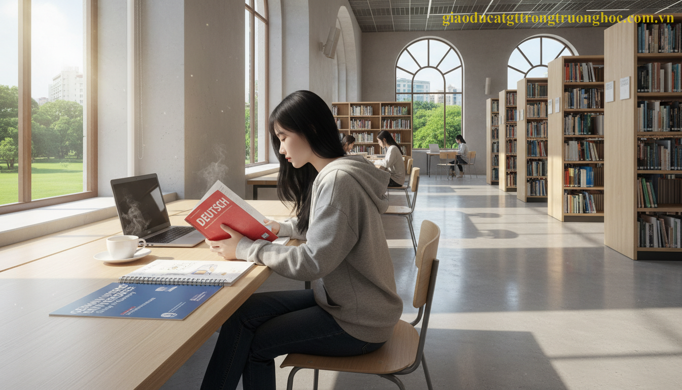 Học sinh hệ Giáo dục Thường xuyên đang chăm chú nghiên cứu tài liệu du học Đức trong thư viện.