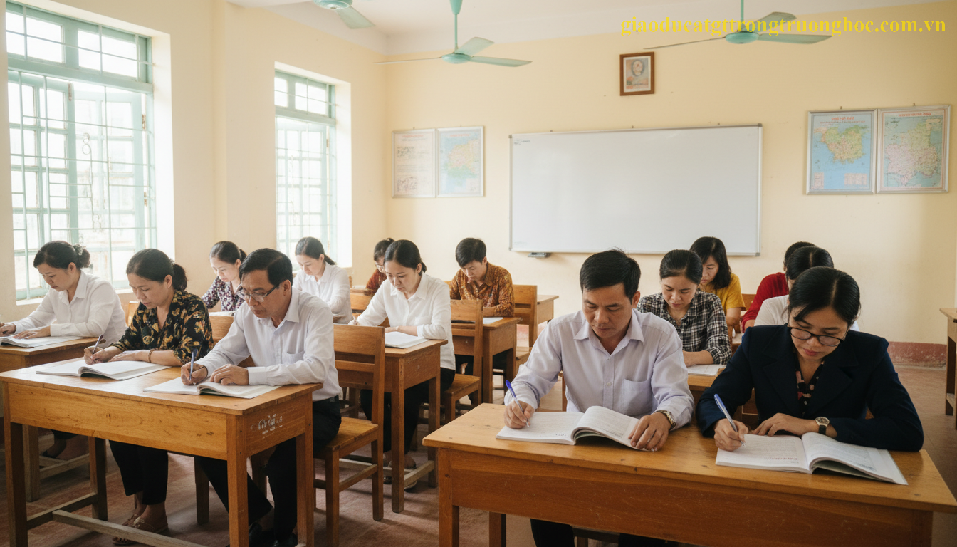 Học sinh hệ Giáo dục thường xuyên tại Việt Nam đang tập trung nghiên cứu 7 môn văn hóa cốt lõi trong lớp học.