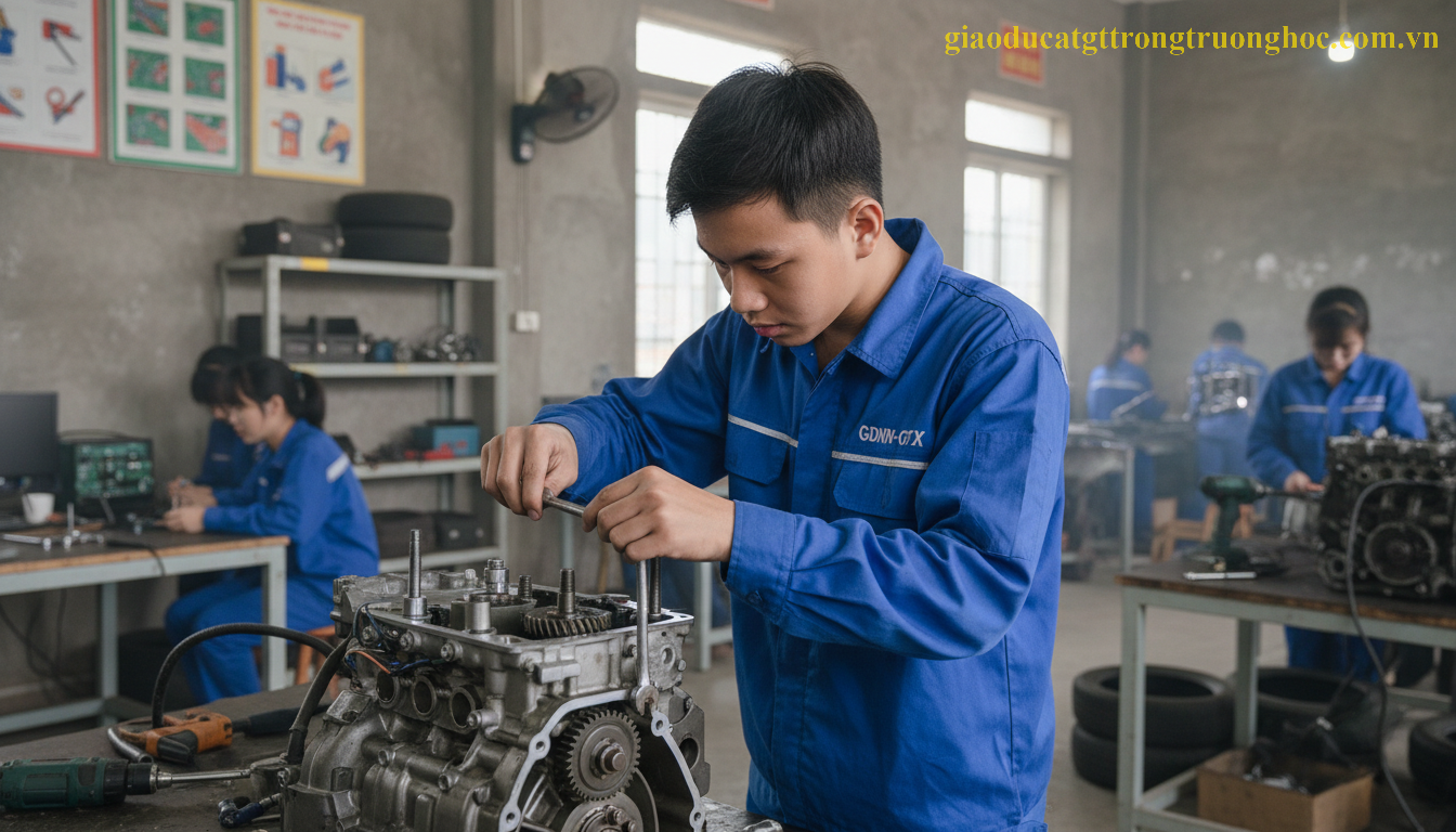 Học sinh trung tâm GDNN-GDTX đang thực hành tay nghề cơ khí tại xưởng đào tạo nghề.