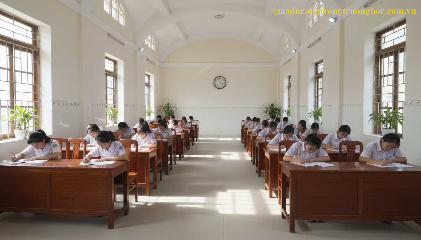 Học sinh trung tâm GDTX tự tin tham gia kỳ thi tốt nghiệp THPT quốc gia tại Việt Nam.