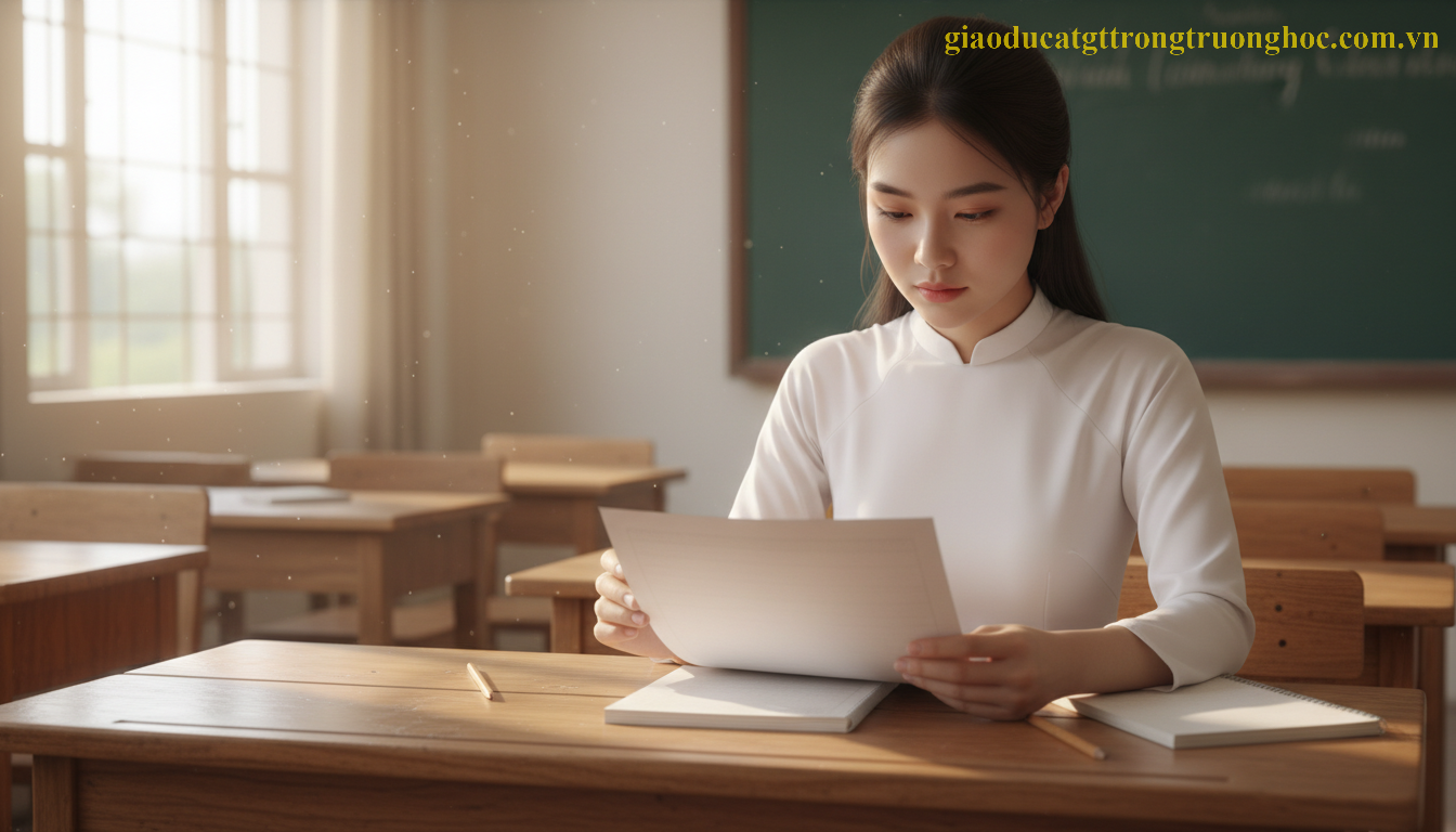 Học sinh Việt Nam đang kiểm tra học bạ để đối chiếu điều kiện chuyển từ hệ GDTX sang THPT.