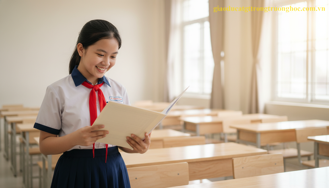 Học sinh Việt Nam đang tự tin xem học bạ với kết quả học lực và hạnh kiểm tốt.