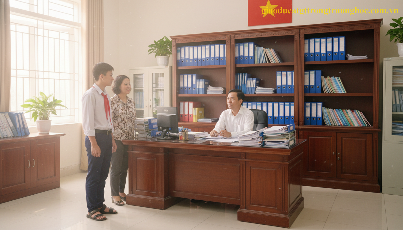 Học sinh Việt Nam thực hiện thủ tục chuyển trường tại văn phòng trung tâm giáo dục thường xuyên.