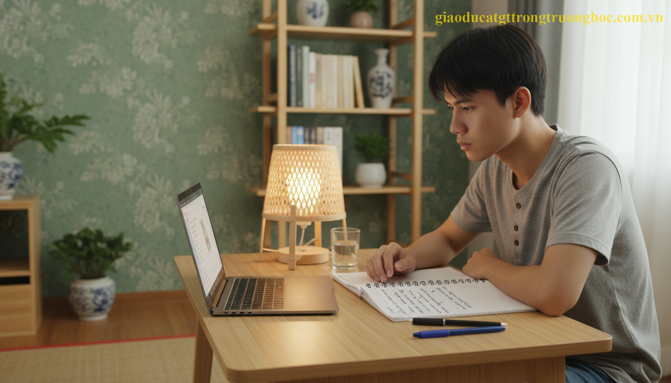 Học viên GDTX tự học tiếng Anh qua máy tính tại nhà để lấy lại kiến thức căn bản.