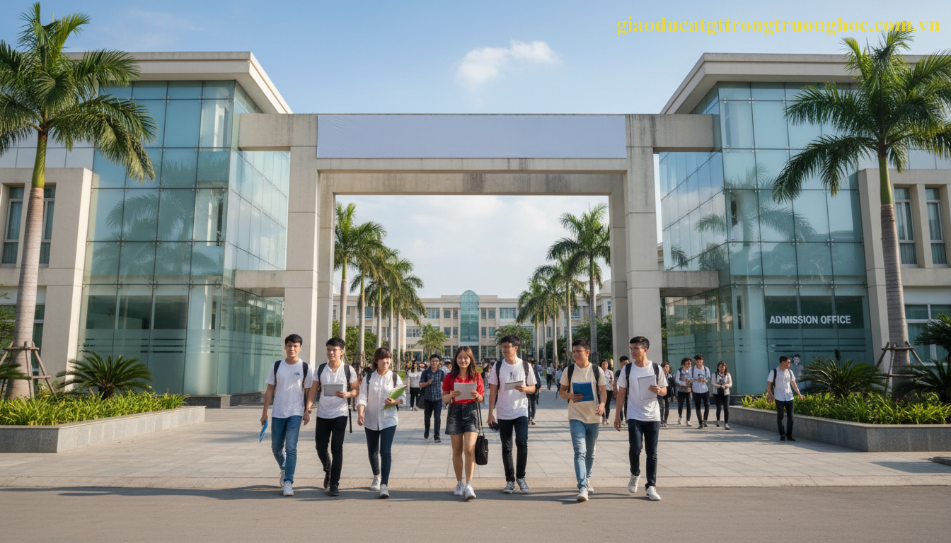 Khuôn viên một trường đại học tư thục tại Việt Nam đón nhận hồ sơ xét tuyển học bạ.