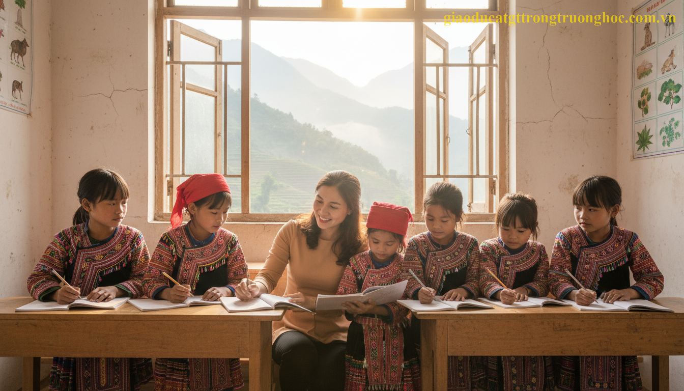 Lớp học giáo dục thường xuyên tại vùng cao Việt Nam với chính sách miễn giảm học phí.