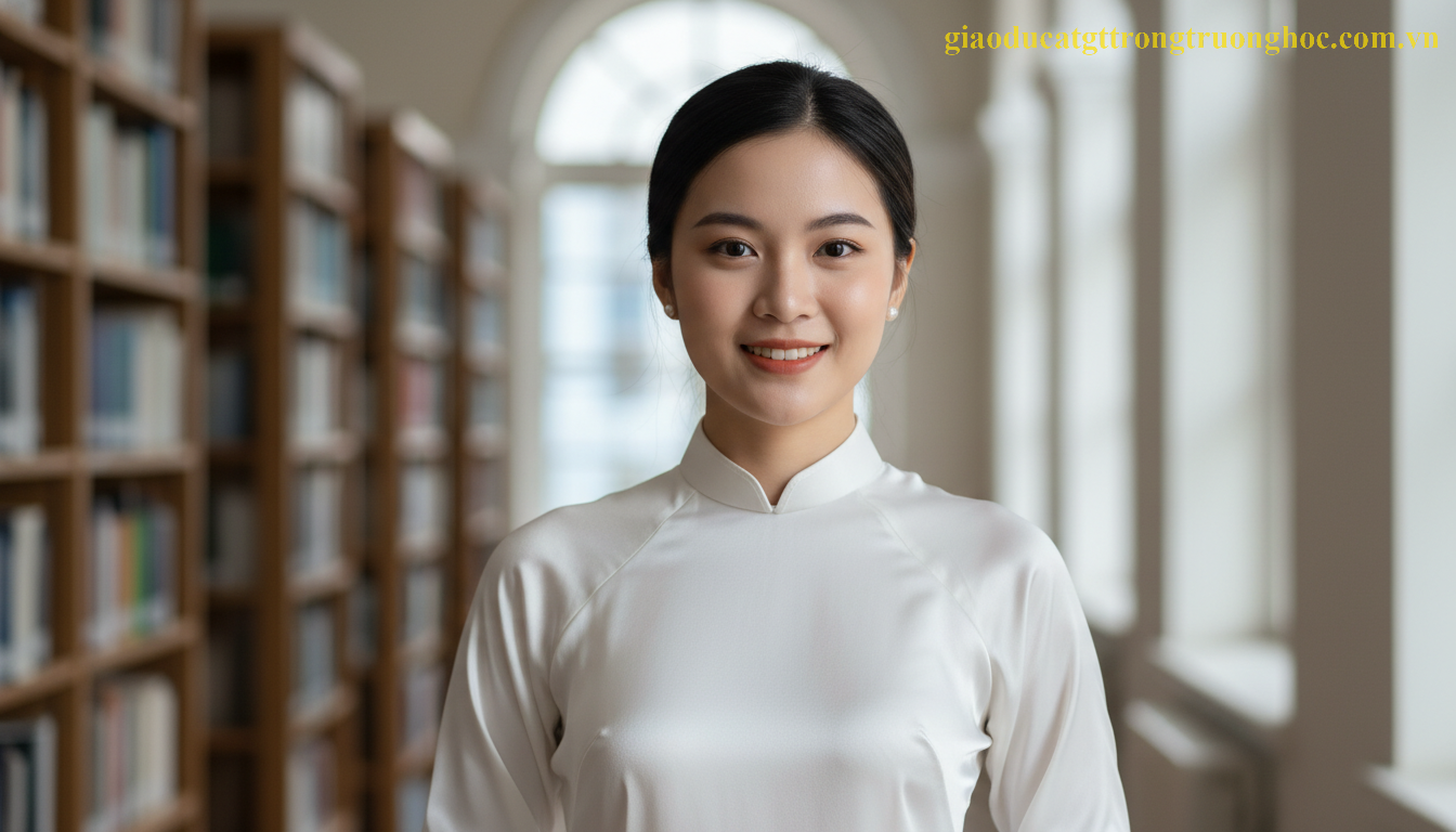 Mẫu áo dài trắng đồng phục chuẩn quy định cho nữ sinh hệ Giáo dục Thường xuyên.