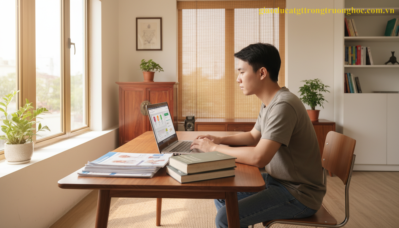 Nam sinh hệ GDTX đang tìm hiểu các phương thức xét tuyển ngành Y Dược trên máy tính.