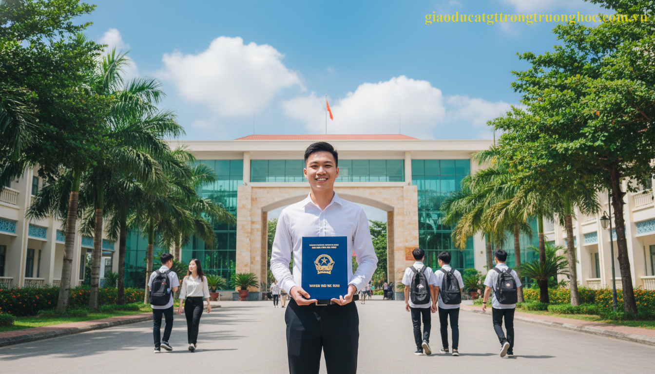 Nam sinh viên Việt Nam cầm tấm bằng tốt nghiệp đứng trước khuôn viên trường đại học.