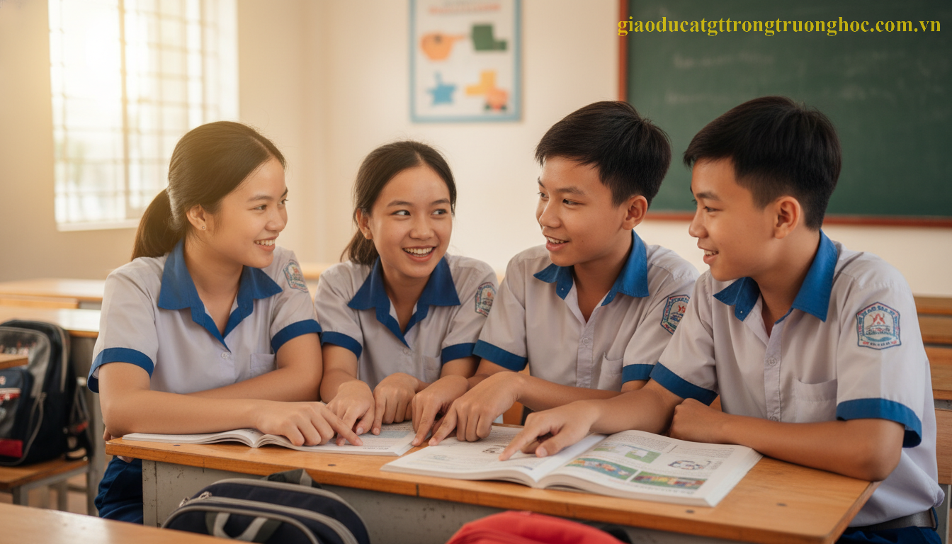 Nhóm học viên GDTX sử dụng sách giáo khoa tiếng Anh chuẩn của Bộ Giáo dục để ôn tập.