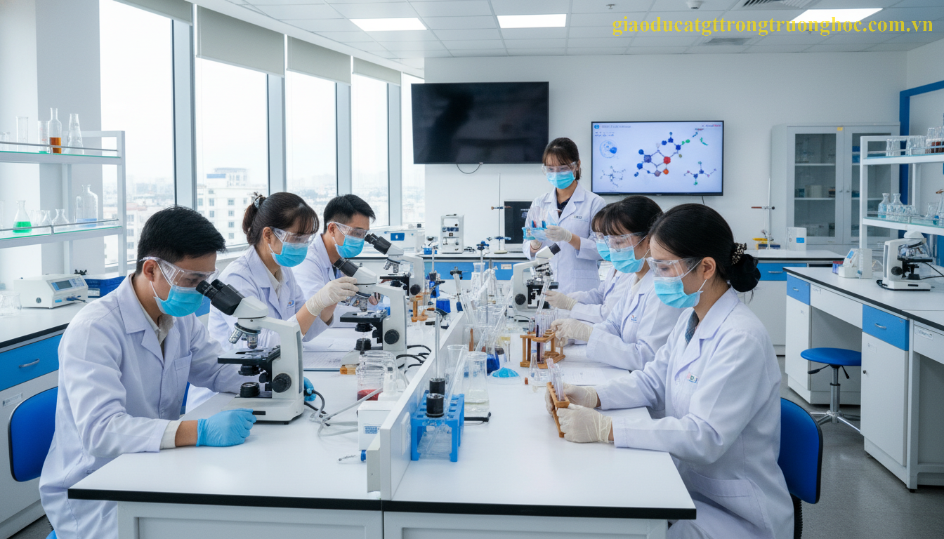 Nhóm sinh viên Việt Nam trong trang phục blouse trắng thực hành tại phòng thí nghiệm Y Dược.