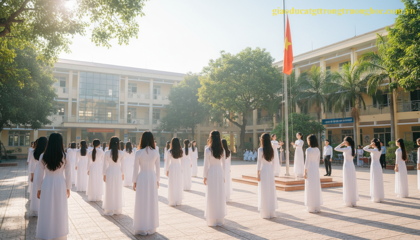 Nữ sinh trung tâm GDTX tại TP.HCM trong tà áo dài trắng tham gia lễ chào cờ đầu tuần.