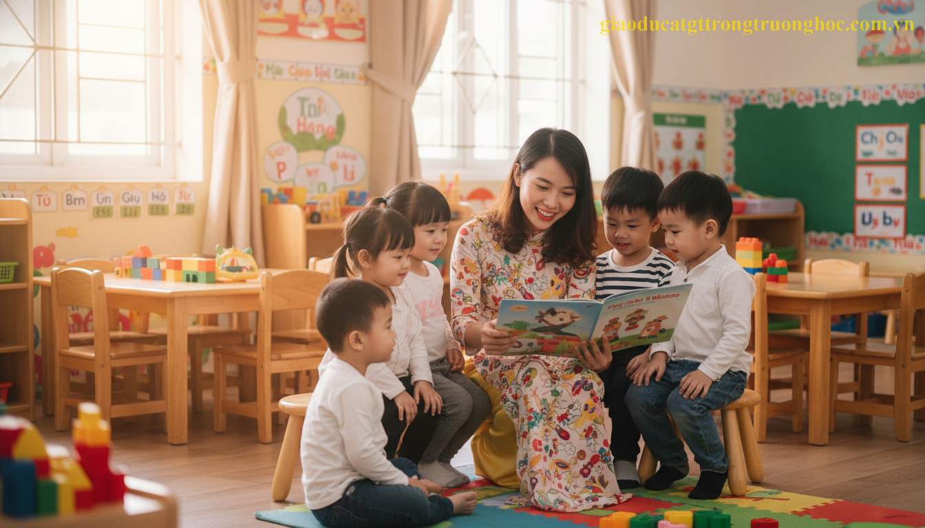 Sinh viên sư phạm mầm non thực hành kỹ năng kể chuyện và tương tác cùng các em nhỏ.