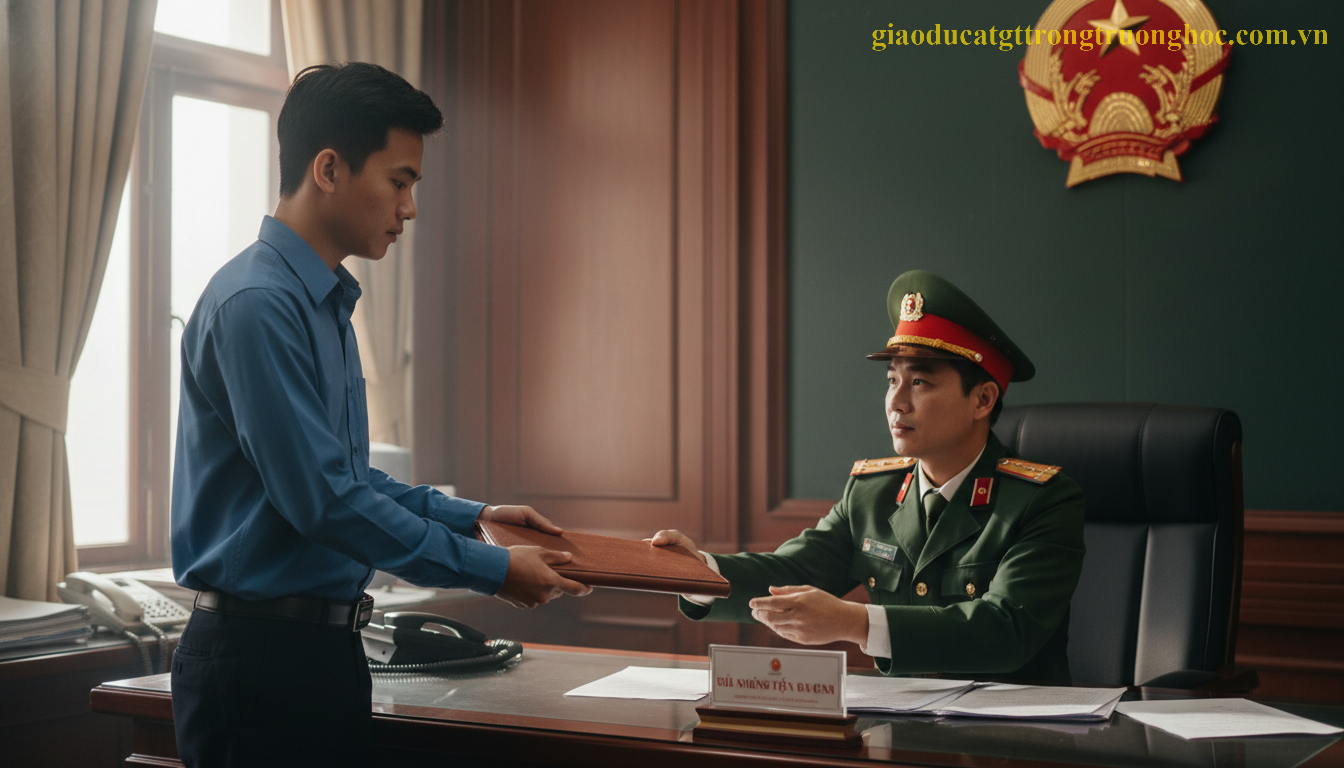 Thí sinh nam nộp hồ sơ đăng ký sơ tuyển công an tại trụ sở Công an Quận địa phương.